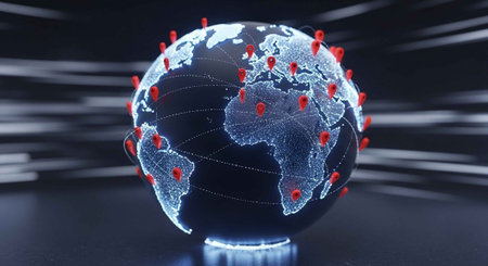 A glowing digital globe with red location markers on a dark background