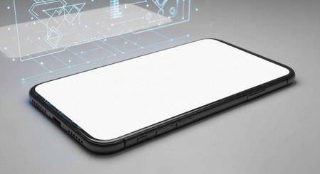 A smartphone with a blank screen on a gray surface with a digital interface in the background