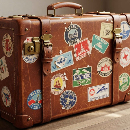 A vintage brown leather suitcase with travel stickers on a wooden floorの写真素材
