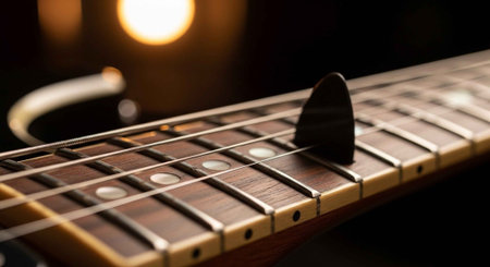 A close-up view of an electric guitar neck with a pickの写真素材