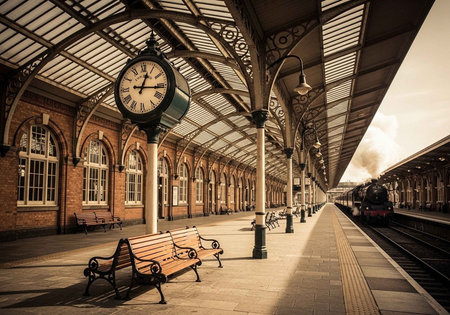 A vintage train station with a clock and benches waiting for passengersの写真素材