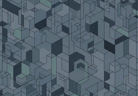A futuristic 3D geometric pattern of gray and blue cubes and rectangles