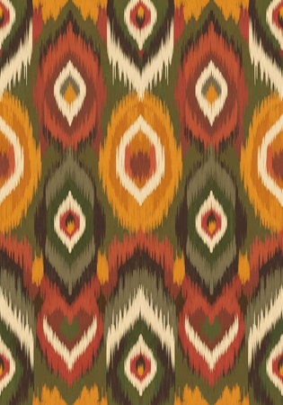 A colorful and vibrant textile pattern with geometric shapes and designs