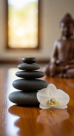 A serene and peaceful arrangement of stones and a flower in a meditation roomの写真素材