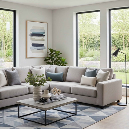 A modern living room with a gray sectional sofa and large windows