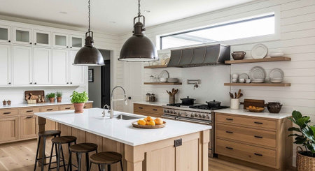 A modern kitchen with a large island and wooden cabinetsの写真素材