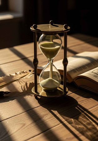 An hourglass sitting on a wooden table next to an open bookの写真素材