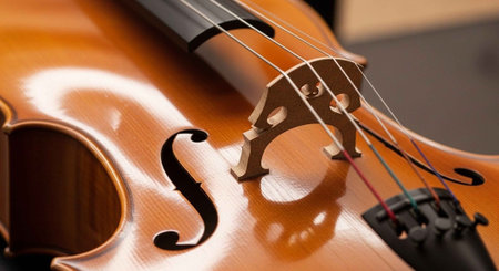A close-up view of a violin with a shiny wooden body and strings