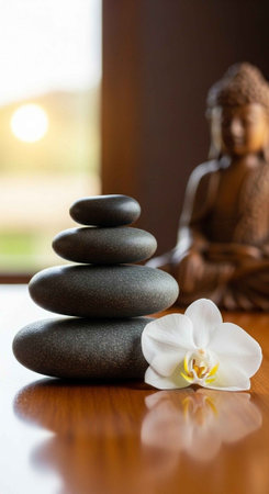 A serene arrangement of stacked stones and a white orchid near a Buddha statueの写真素材
