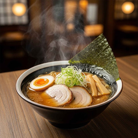 A steaming bowl of ramen noodles on a wooden table in a restaurant