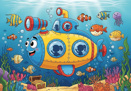 A cartoon submarine with a smiling face explores the ocean with colorful fish and coral reefの写真素材