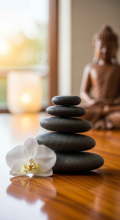 A serene meditation room with a Buddha statue and stacked stones