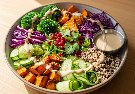 A vibrant and healthy bowl of mixed vegetables and quinoa on a wooden tableの写真素材