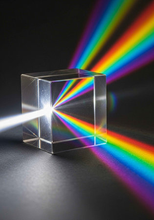 A glass cube refracting a beam of light into a rainbow of colors