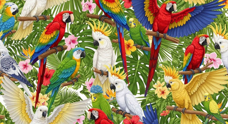 A vibrant illustration of various colorful parrots in a tropical jungle setting with flowers and...