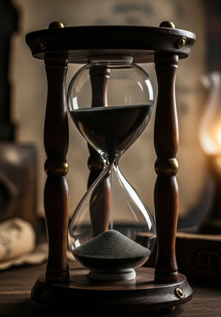 A close-up of an antique hourglass on a wooden table indoors