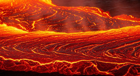 A dramatic landscape of molten lava flowing across a volcanic terrain at night