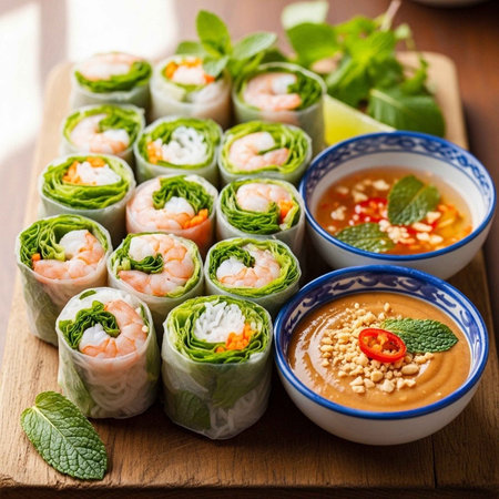 A plate of fresh spring rolls with shrimp and vegetables served with peanut sauceの写真素材