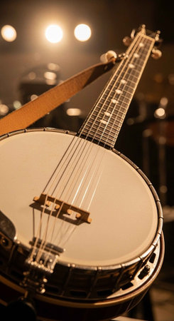 A close-up view of a banjo on a stage with bright lights