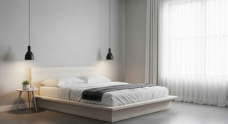 A modern bedroom with a white bed and minimalist decor