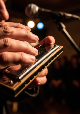 A musician skillfully plays a harmonica on stage with a microphone