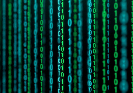 A digital background of green and blue binary code on a black screen