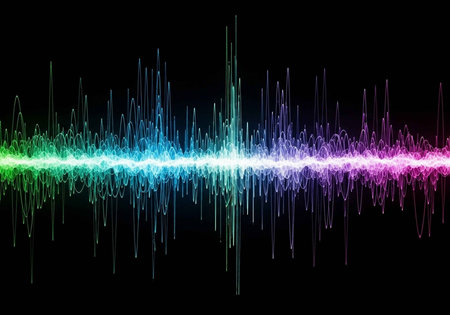 A vibrant sound wave graphic with colorful lights on a black background