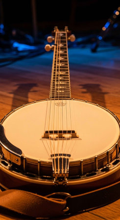 A close-up view of a banjo on a wooden stage floor