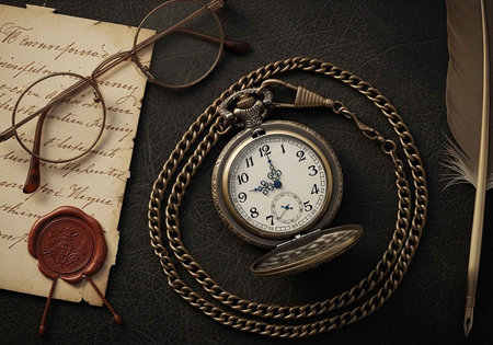 A vintage pocket watch with glasses and a letter on a dark background