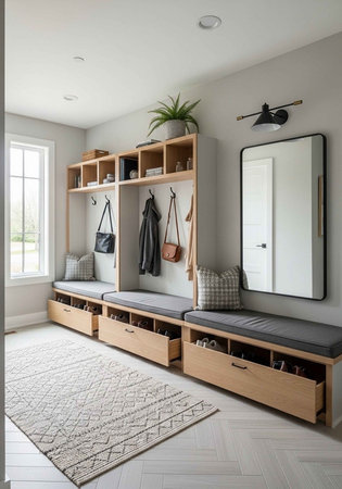 A modern entryway with a bench and storage for coats and shoesの写真素材