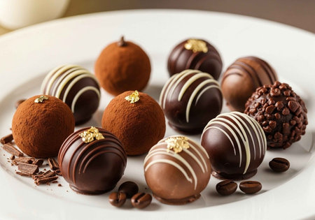 A plate of assorted chocolate truffles with coffee beans and shavings