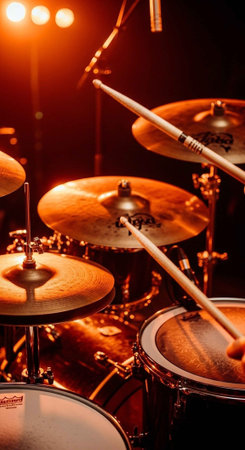 A professional drum set on a dark stage with warm lighting
