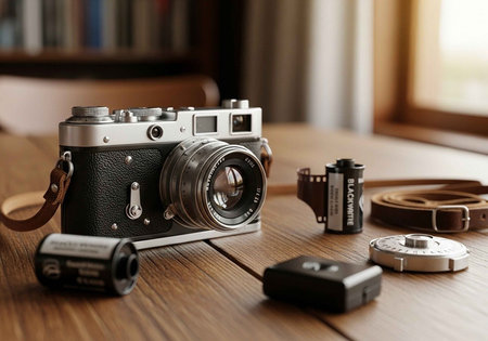 A vintage camera and photography equipment on a wooden table indoors