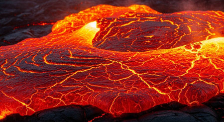 A close-up view of molten lava with vibrant orange and yellow cracksの写真素材