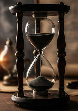 A close-up of an old wooden hourglass on a desk with a warm light source in the background