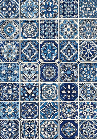 A collection of blue and white decorative tiles with intricate designs