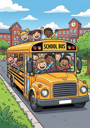 A cartoon school bus full of happy children on their way to school
