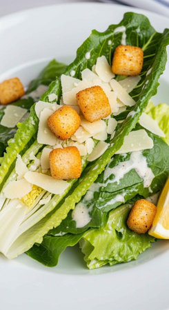 A delicious Caesar salad with croutons and parmesan cheese on a white plateの写真素材
