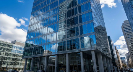 A modern glass skyscraper standing tall in a bustling cityscape on a sunny day