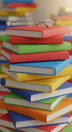 A stack of colorful books with glasses on top in a library