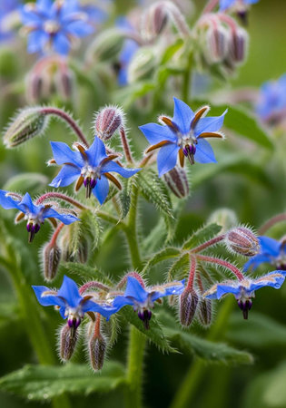 A close-up view of vibrant blue borage flowers in a lush green garden