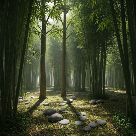 A serene bamboo forest with sunlight filtering through the treesの写真素材