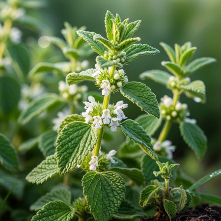 A close-up view of a lush green mint plant with small white flowers