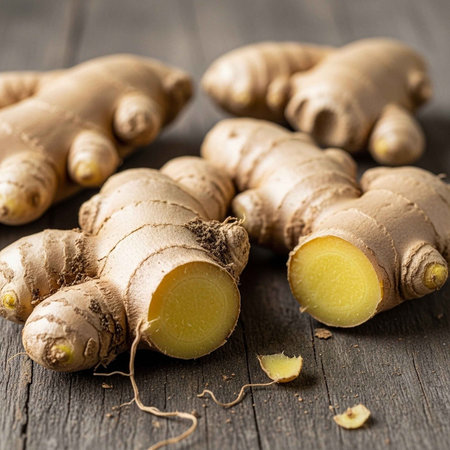 Fresh ginger roots on a wooden surface, some sliced open