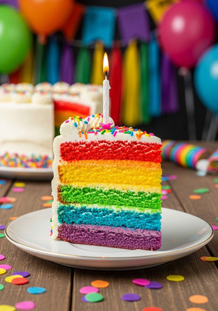 A slice of colorful rainbow cake with a lit candle on top at a birthday partyの写真素材