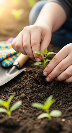 A person gently planting a small green sapling in the soil