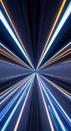 A mesmerizing display of colorful light streaks radiating from a central pointの写真素材