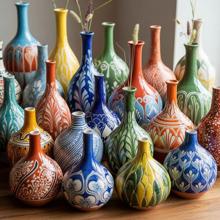 A collection of colorful, hand-painted vases on a wooden tableの写真素材