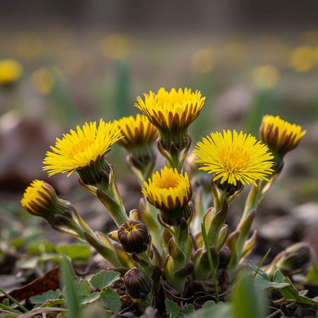 A cluster of vibrant yellow dandelion flowers in a lush green field