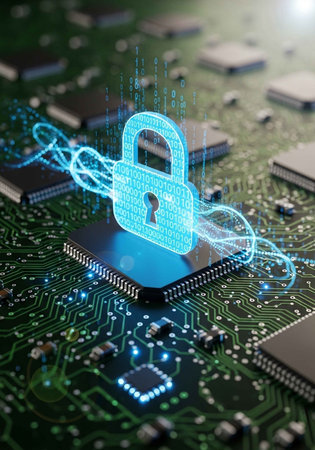 A glowing blue padlock secures a computer chip on a circuit board with digital code flowing around...